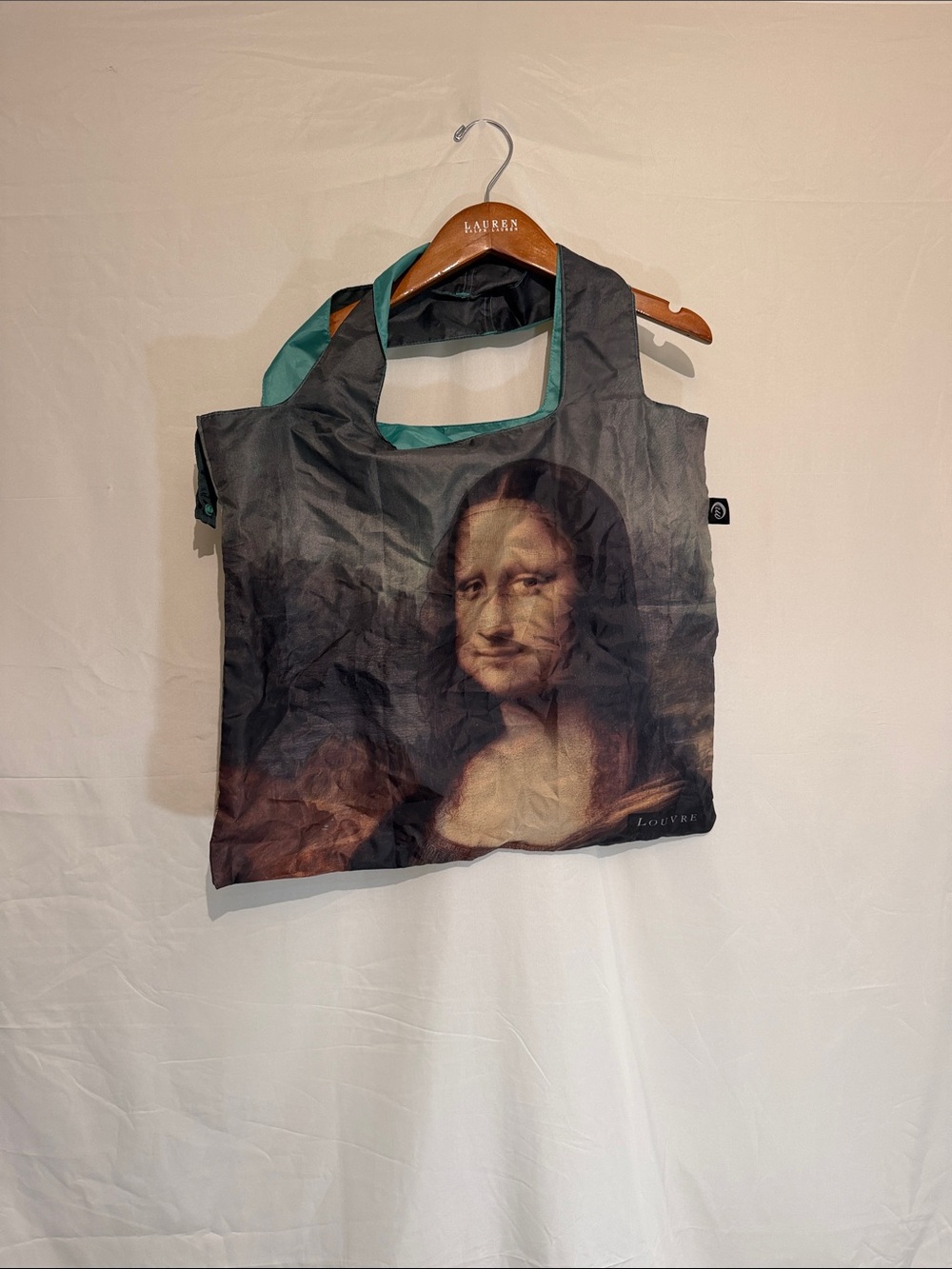 Louvre Mona Lisa Printed Tote Bag in Brown & Teal